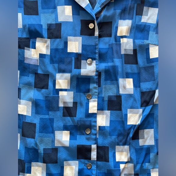 Katherine Kelly 100% Silk Blue Square Short Sleeve Button Down Blouse Women’s 12 - Picture 6 of 8
